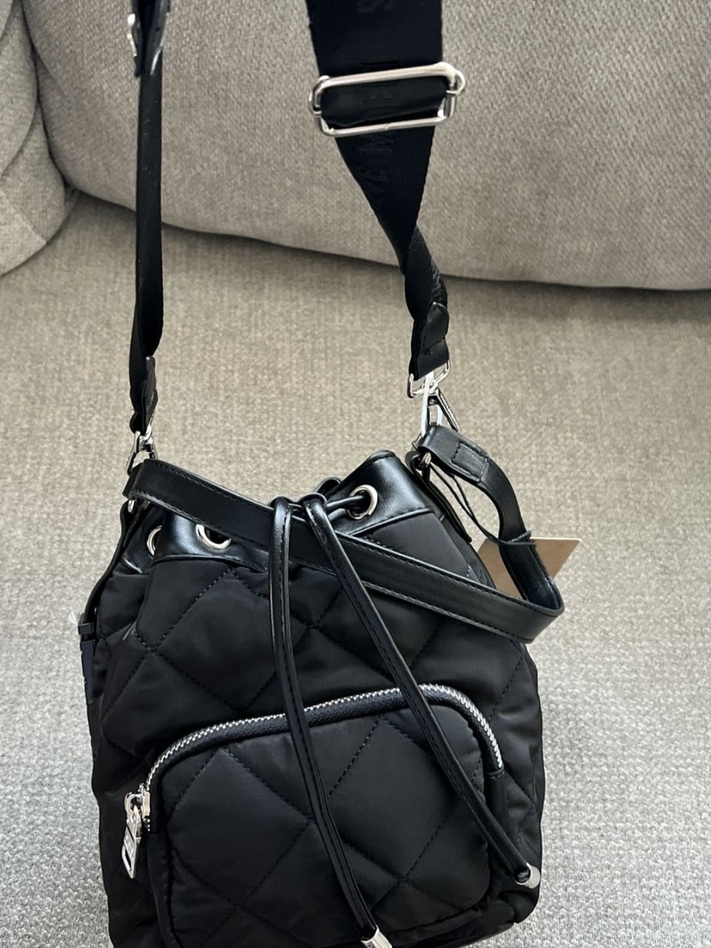 Steve Madden Black Quilted Drawstring Crossbody Bag